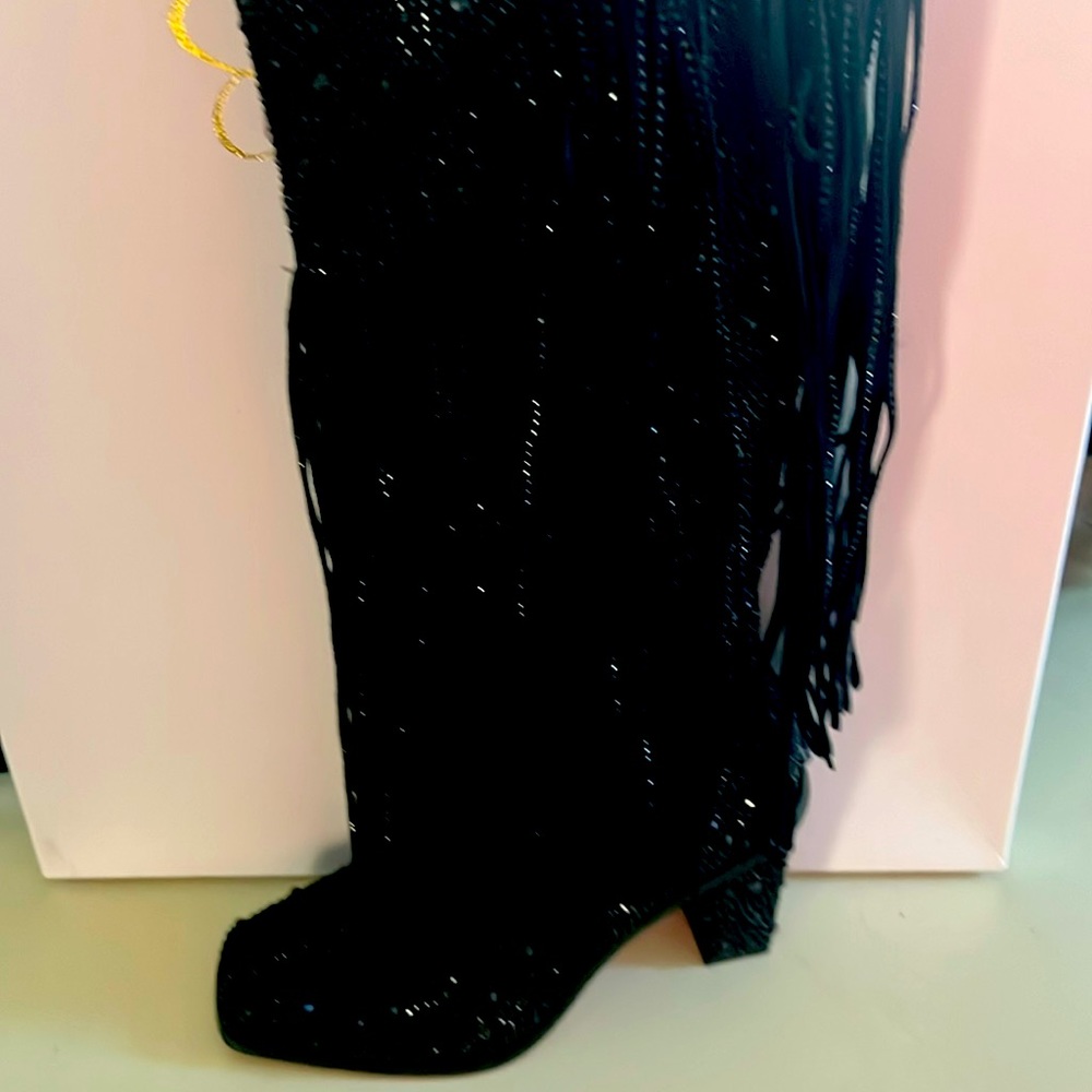 Jessica Simpson Black Rhinestone Boots with Fringe.